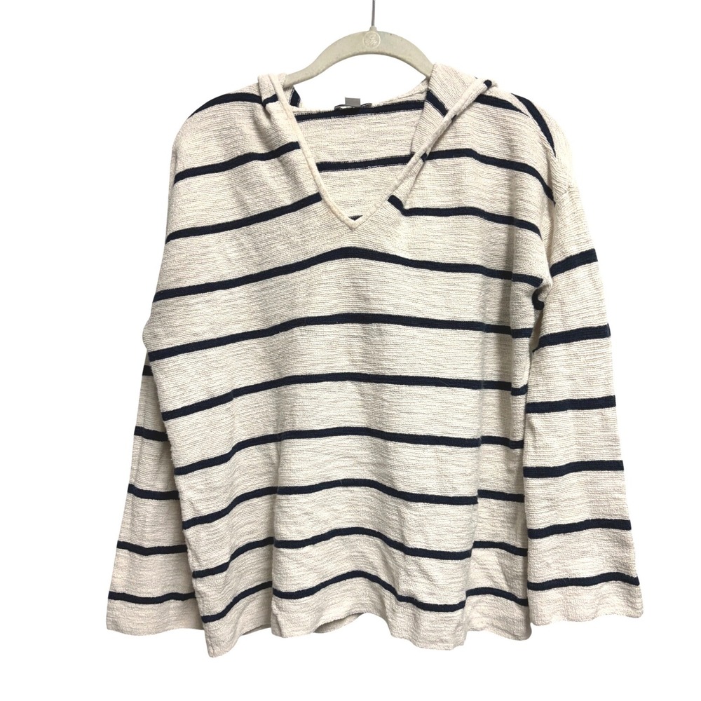 J.Jill Hoodie Striped Sweater Cream Navy‎ Knit Hooded Pullover Small